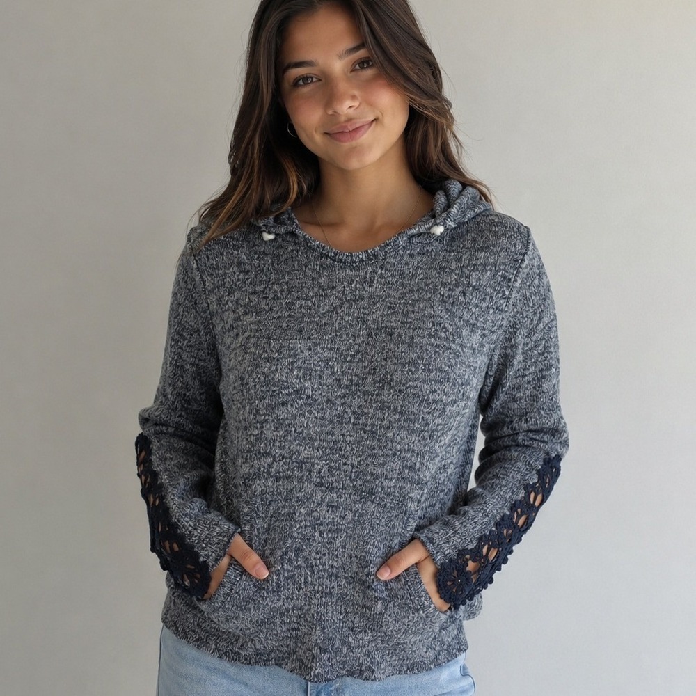 Aeropostale Hooded‎ Sweater Navy Marl Lace Sleeve Crochet Knit Pullover Cozy L